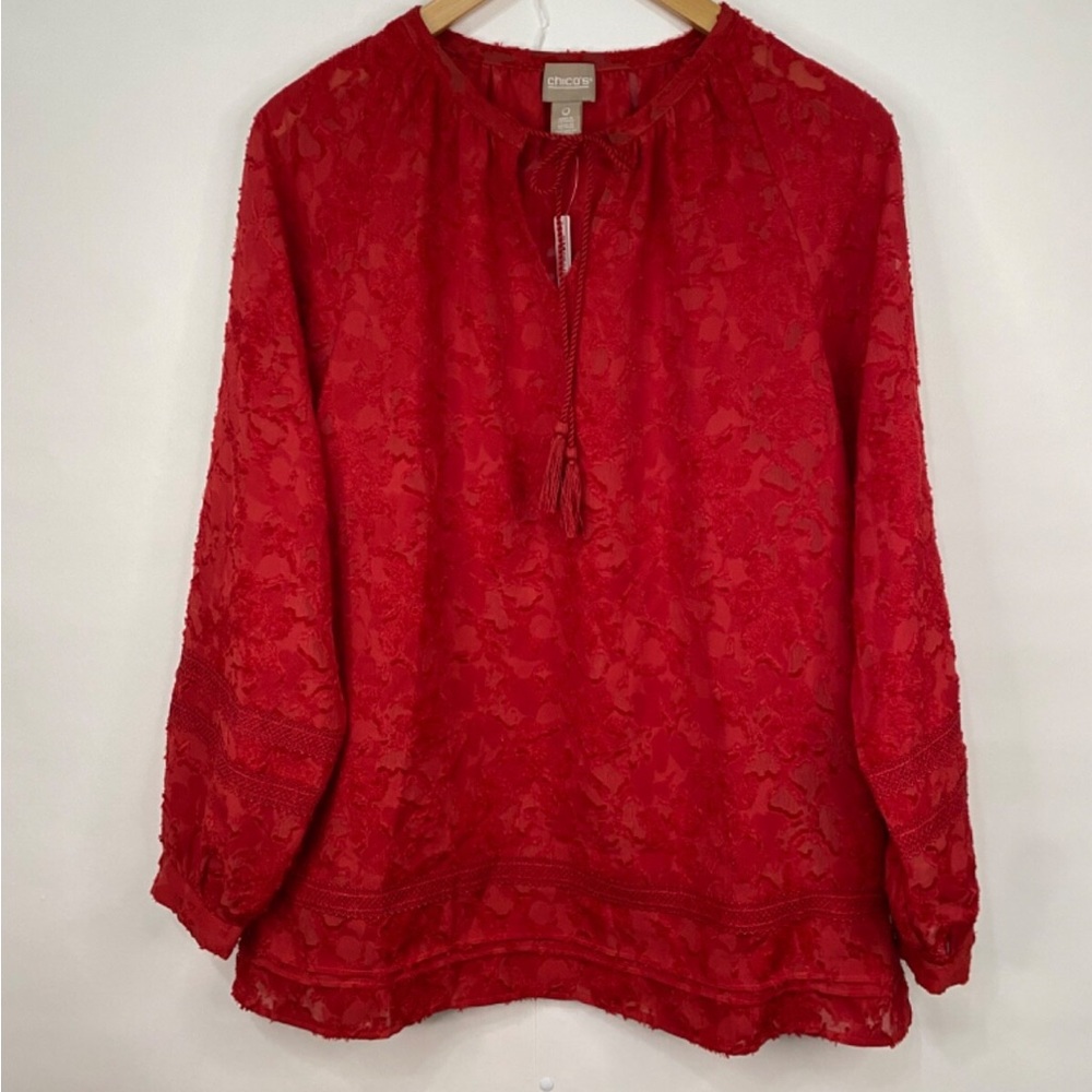 Chico's Vibrant Red Clipped Jacquard Tie front Blouse Size 1/Medium